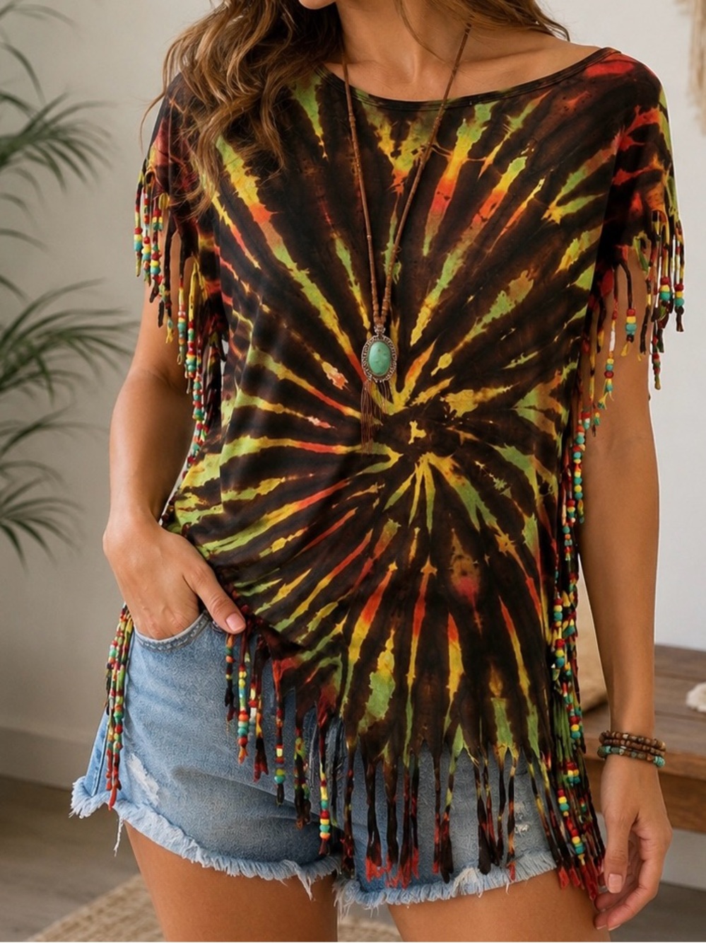 Boho Boutique Tie Dye Fringe Top Festival Wear Beaded Tassel Made in Nepal S|M